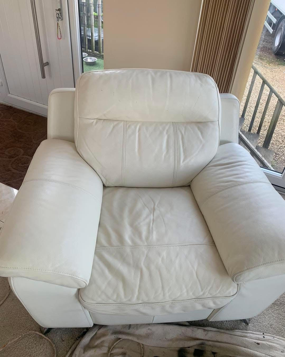 White leather armchair after restoration by Classic Leather Care