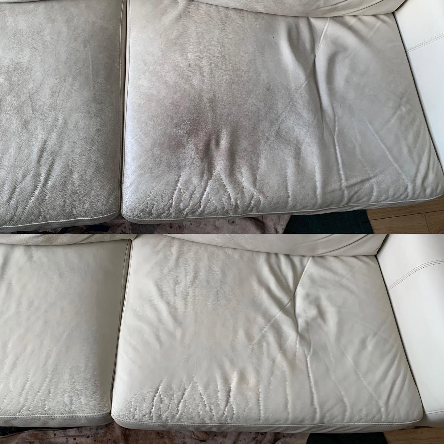 White leather sofa seat before and after specialist cleaning