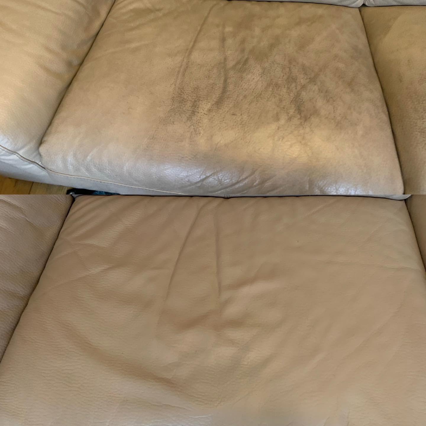 Beige leather sofa cushion before and after restoration